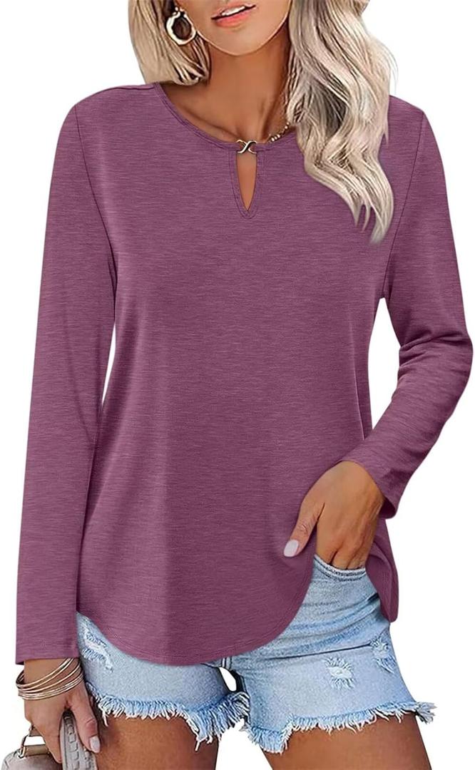 ORANDESIGNE Women's Long Sleeve Shirts Casual Fall Ladies Tunics Tops (Medium, Wine Red)