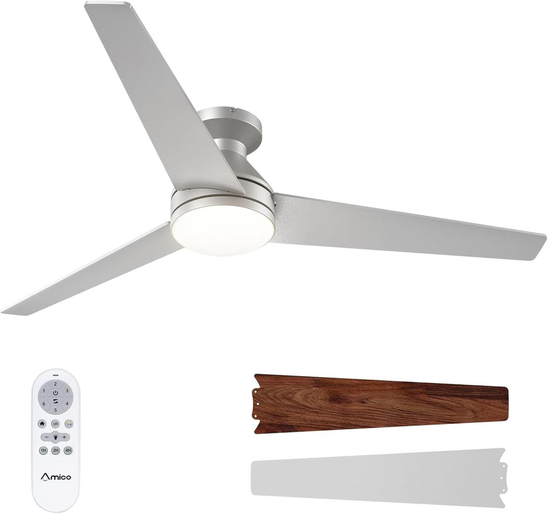Amico Ceiling Fans with Lights, 52 inch Low Profile Ceiling Fan with Light and Remote Control, Flush Mount, Reversible, 3CCT, Dimmable, Noiseless, Silver Ceiling Fan for Bedroom, Indoor/Outdoor Use