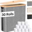 Toilet Paper Storage with Bamboo Lid, 33.8L Foldable Toilet Paper Basket Organizer Holder for up to Regular 30 Rolls Or 12 Mega Rolls, Waterproof Free Standing Toilet Paper Holder for Bathroom, Grey