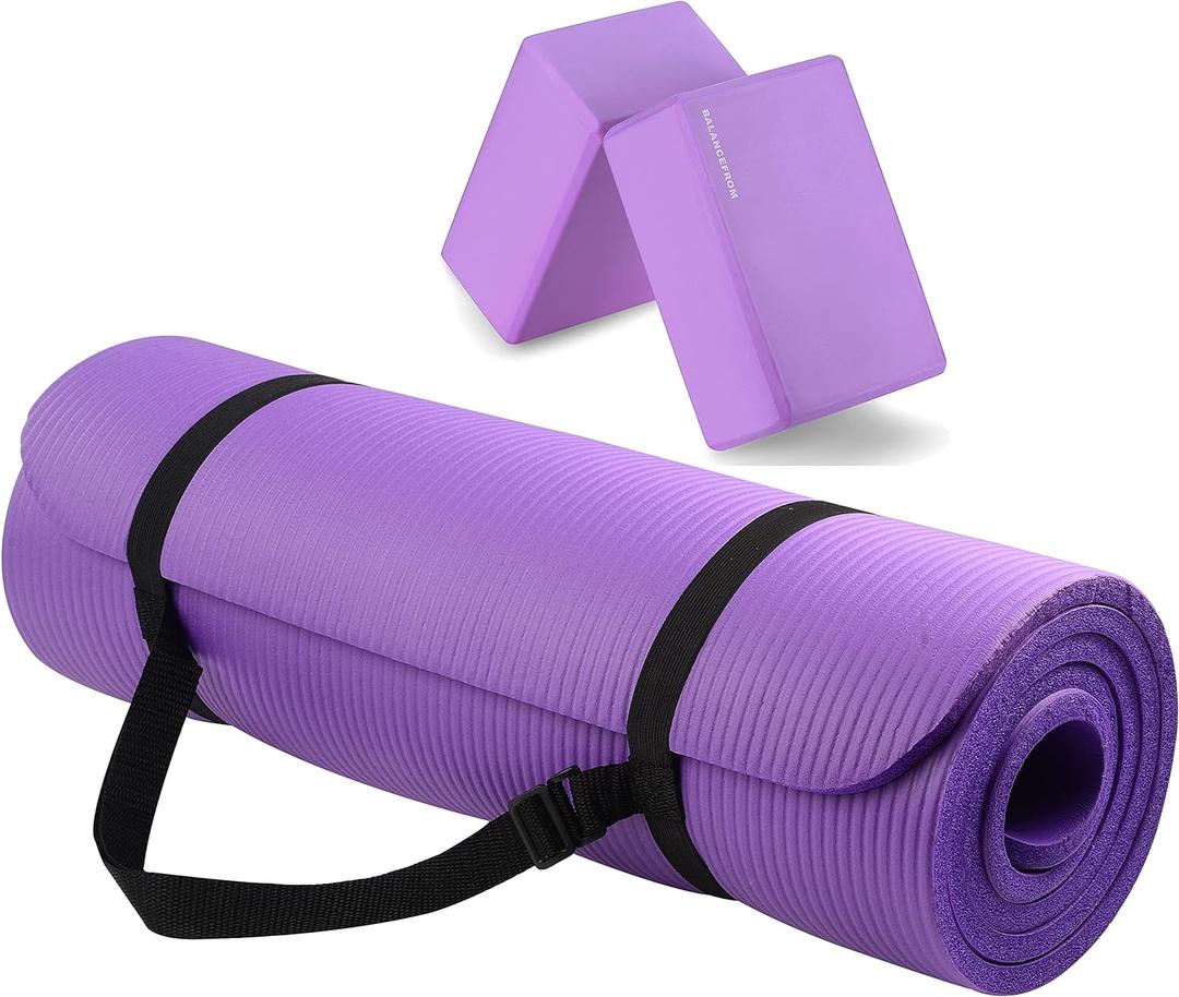 Fitvids All Purpose 1/2-Inch Extra Thick High Density Anti-Tear Exercise Yoga Mat with Carrying Strap and Yoga Blocks, Multiple Colors (Purple)