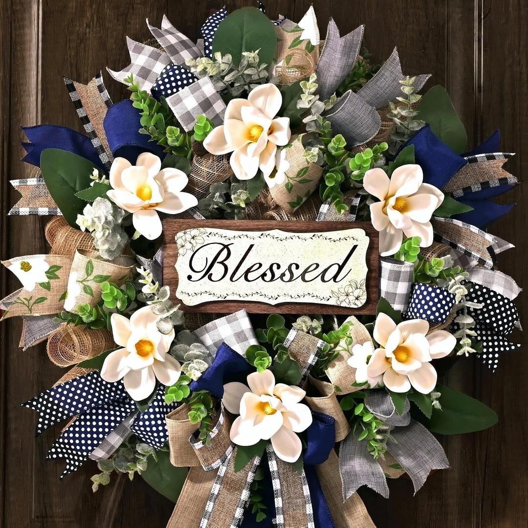 Waipfaru 22 Inch Spring Summer Wreath, Magnolia Wreaths for Front Door with Eucalyptus & Blue Grey Burlap Bow, Year Round Wreaths for Porch Farmhouse Patio Door Decor All Season (1 Pcs)