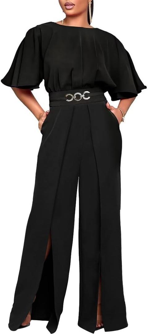 knowfashionstyle Elegant Jumpsuit For Women Dressy Casual Plus Size Wide Leg Pants Formal Jumpsuit Party One Piece Outfits (X-Large)