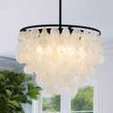 17.7” Capiz Shell Chandelier, 4-Light Coastal Modern Chandeliers, Black Hanging Pendant Light for Dining Room, Living Room, Bedroom, Kitchen Island, Bathroom Chandeliers Over Tub