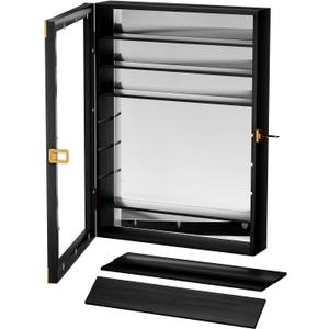 18x25 Inch Shot Glass Display Case with Removable Shelves, Wood Liquor and Shot Glass Display Cabinet with Bult-in Mirror Wall Mounted Storage Shelf Shadow Box with Lockable Acrylic Door