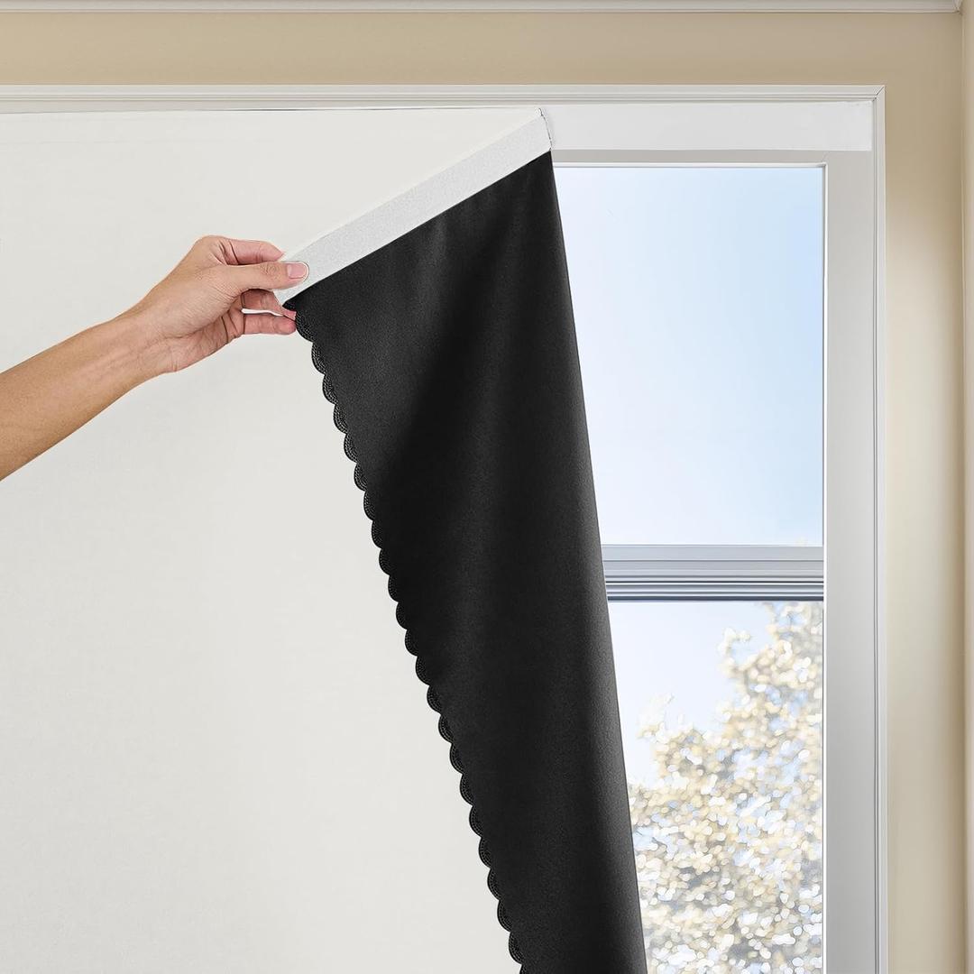 Magic Tape Stick on Portable Curtains for Windows,Bedroom Blackout Curtains for - Thermal Lnsulated No Drill Curtains Room Darkening Black Small Drapes(1 Panels,35Wx48L inch-White)