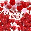 Valentines Day Decorations, Happy Valentines Day Banner and Red Heart Balloons for Valentines Decor with Paper Flowers and Heart Hanging Decor