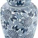 Creative Co-Op Decorative Ceramic Ginger Jar with Lid, Blue Flower Pattern