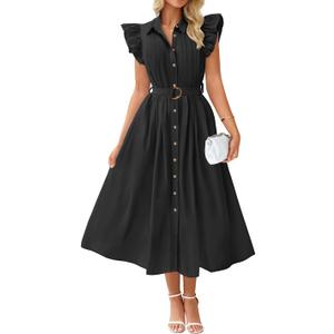 ZESICA Womens Summer Button Midi Dress Casual Work Dresses | Belted Dress,Button Down,Flutter Short Sleeve Dress with Pockets,Travel Vacation Dress,Business Casual Dress,Fashion Clothes (Black)