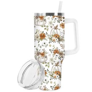 FYSUIMU 40oz Fall Pumpkin Tumbler with Handle Straw and Lid, White Pumpkin Retro Floral Travel Tumbler Watercolor Stainless Steel Cup Coffee Cup for Autumn Thanksgiving Party Home Office