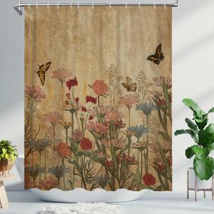 Floral Shower Curtain for Bathroom, Boho Retro Flower Shower Curtains, Rustic Farmhouse Botanical Shower Curtain 60x71 Inch, Nature Plant Leaves Butterfly Waterproof Fabric Bathroom Decor