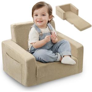 Toddle & Kids Chair,2-in-1 Soft Toddler Couches that Fold Out,Toddler Chairs Comfy 1-3 Years Old,Convertible Sofa to Lounge,Beige