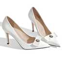 LOCERICH Women's High Heels Pumps Closed Toe Bow Heels Pointed Toe Stiletto Dress Shoes for Women Party Work Wedding Shoes for Bride, 9, White