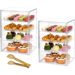 2 Pcs 4-Layer Pastry Display Case with Cake Tong, Adjustable Clear Bread Boxes with Magnetic Door for Kitchen Countertop, Bakery Display 15.7 x 11.4 x 9.8 in