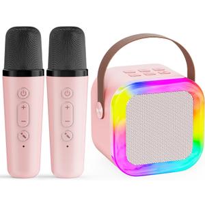 Karaoke Machine for Kids,2025New Mini Portable Karaoke Toys, Karaoke Speaker with 2 Wireless Microphone & Light for Home Party for Adults (Pink-2Mic)