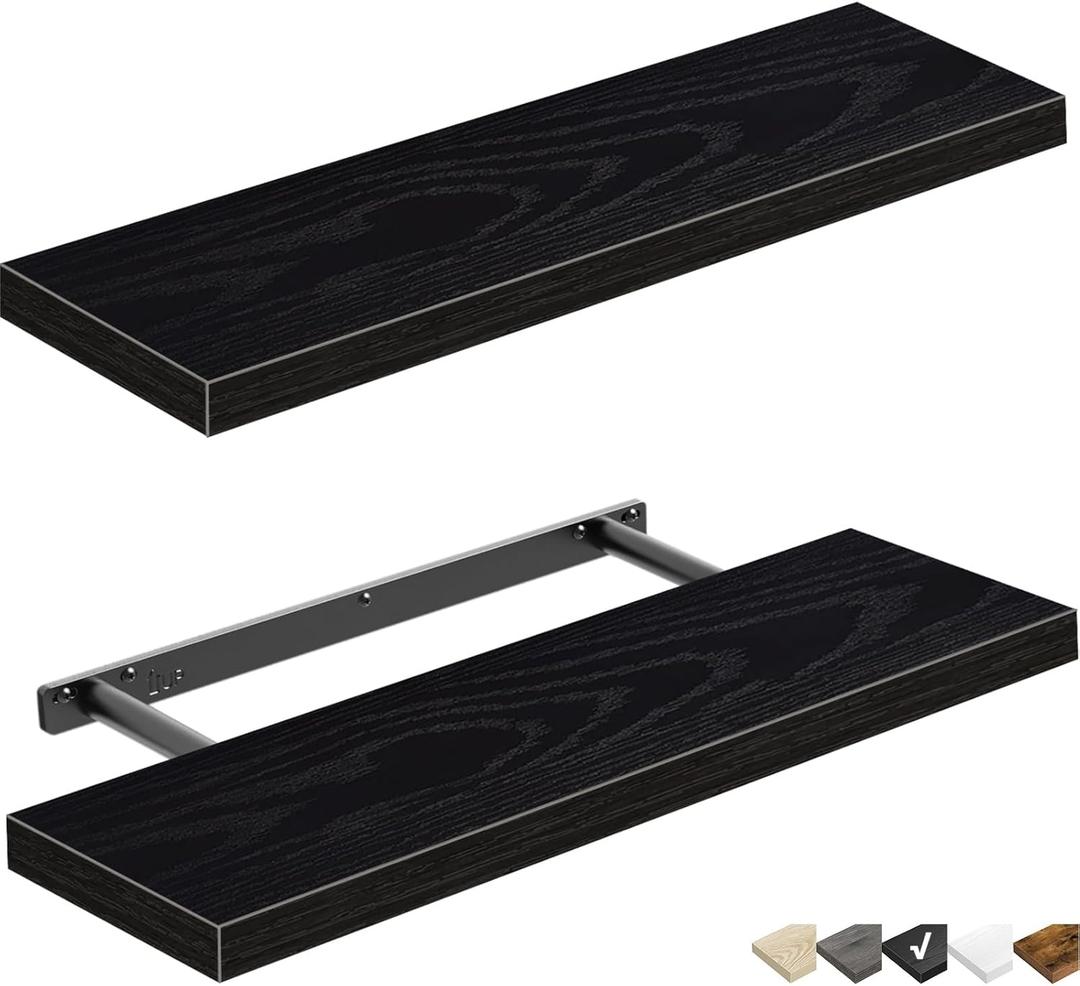 QEEIG Floating Shelves for Wall 23.6" Long - Wall Mounted Shelf Bathroom Kitchen Living Room Bedroom Farmhouse Home Decor Display Bookshelf Large 23.6 x 9.3 inch Set of 2, Black (008-60B)