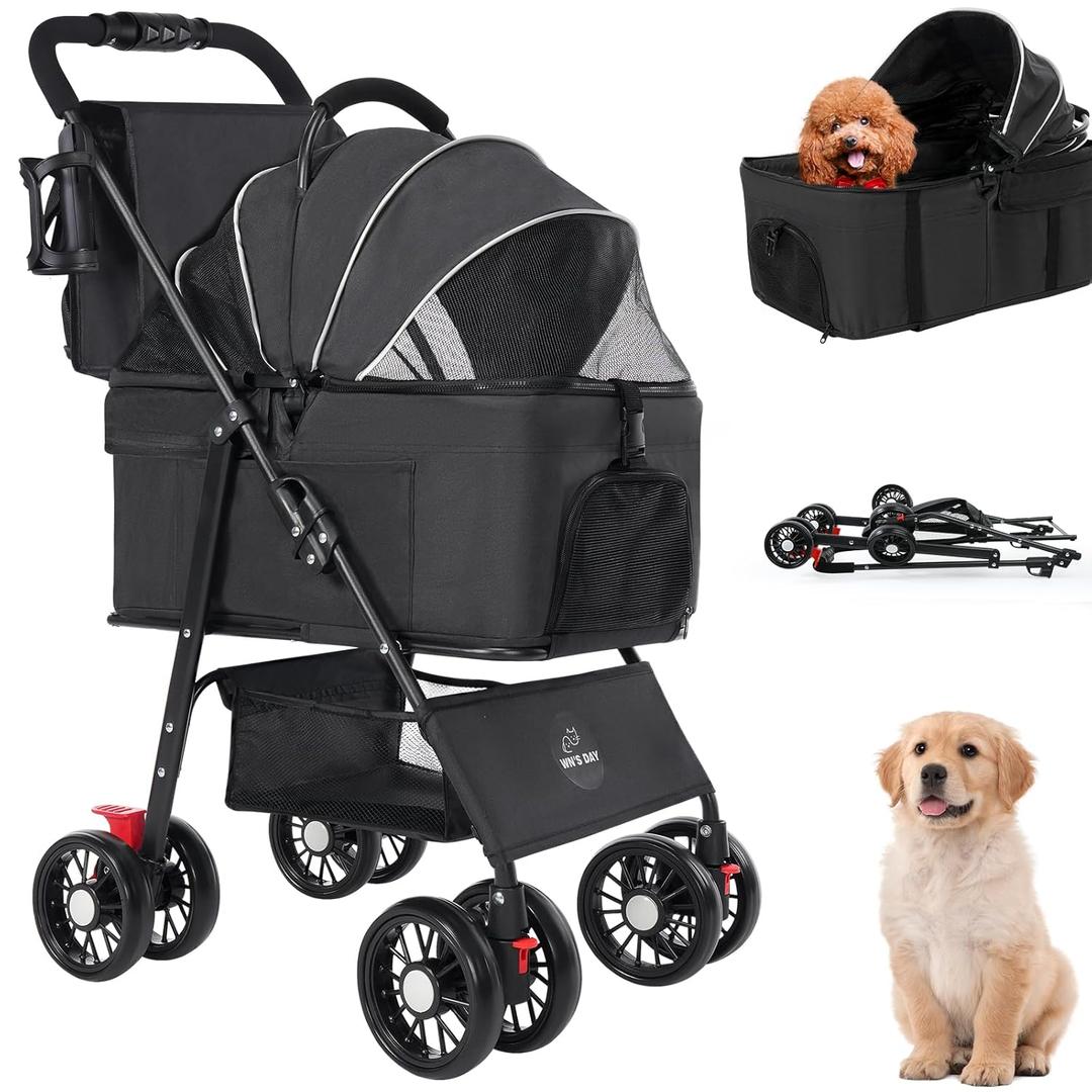 3 in 1 Pet Dog Stroller for Small Medium Dogs 10-50 lbs, Foldable Cat-Strollers for 2-Cats with Removable Carrier, Pet-Strollers for Cats with Storage Bag, Small Puppy-Stroller, Dog-Cart (Black)