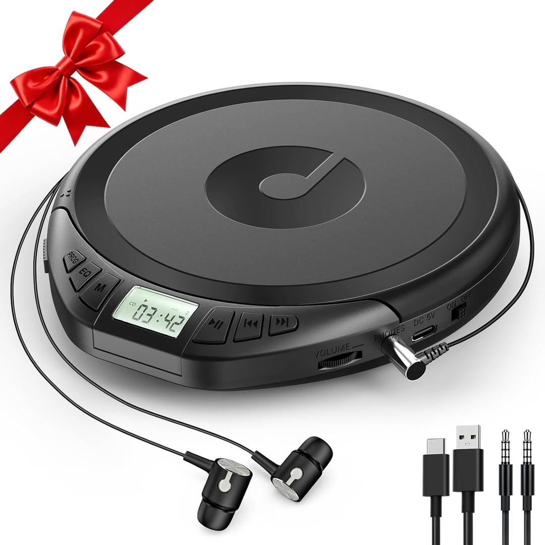 Portable CD Player for Car: Kegaudio with Earphones Anti-Skip LCD Display Personal Disman Disc Player for Car & Sports Supports MP3 WMA PROG & Memory Function (Black)