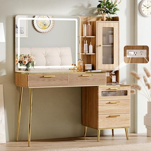 Arulvmrn Vanity Desk with 29.53" HD Lighted Mirror, 47.24" Big Modern Vanity Desk with Mirror and Lights, Makeup Vanity with 5 Drawers and Storage Shelves and Charging Station, Oak2