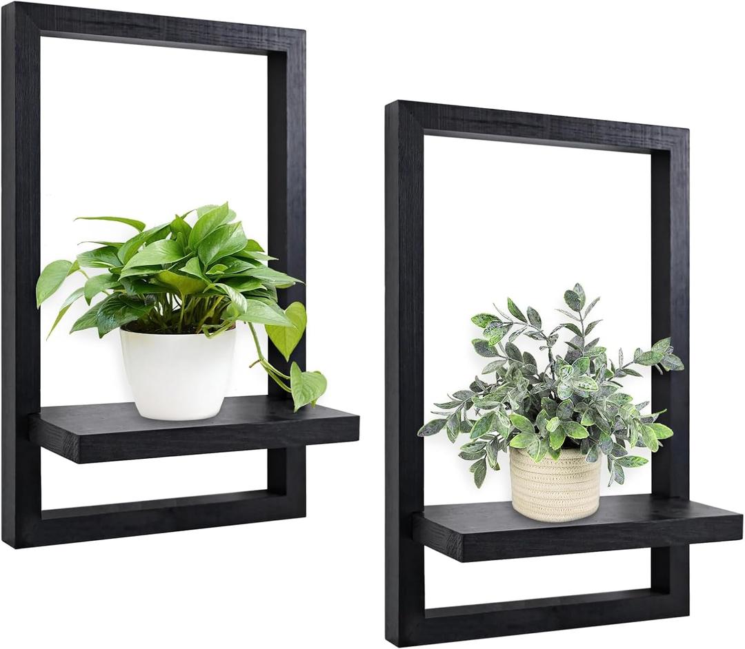 2 Pack Wall-Mounted Plant Shelf  Space Saving Indoor Black Wood Plant Stand for Home Decor, Succulents & Herbs Display