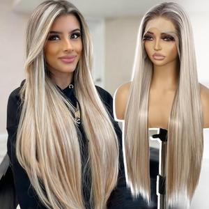 SAPPHIREWIGS Highlights Blonde 13x6 Synthetic Lace Front Wigs for Women Glueless Long Straight Wig Blonde Mixed Brown Color Heat Resistant Hair Daily Party Use 26 Inches