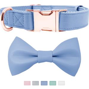 Soft Leather Bowtie Dog Collar - Adjustable Cute Bow Tie Collar [Easy to Clean] with Stylish Rose Gold Heavy Duty Metal Buckle for Small Medium Large Dogs Blue L
