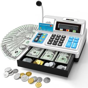 Calculator Cash Register - 103 Pcs Toy Cash Register, Store Set with Microphone, Credit Card and Banking for Kids, Toddler Math Learning Toys, Preschool Gifts for 3, 4, 5, 6, 7, 8+ Years Old Boy Girl (Silver)