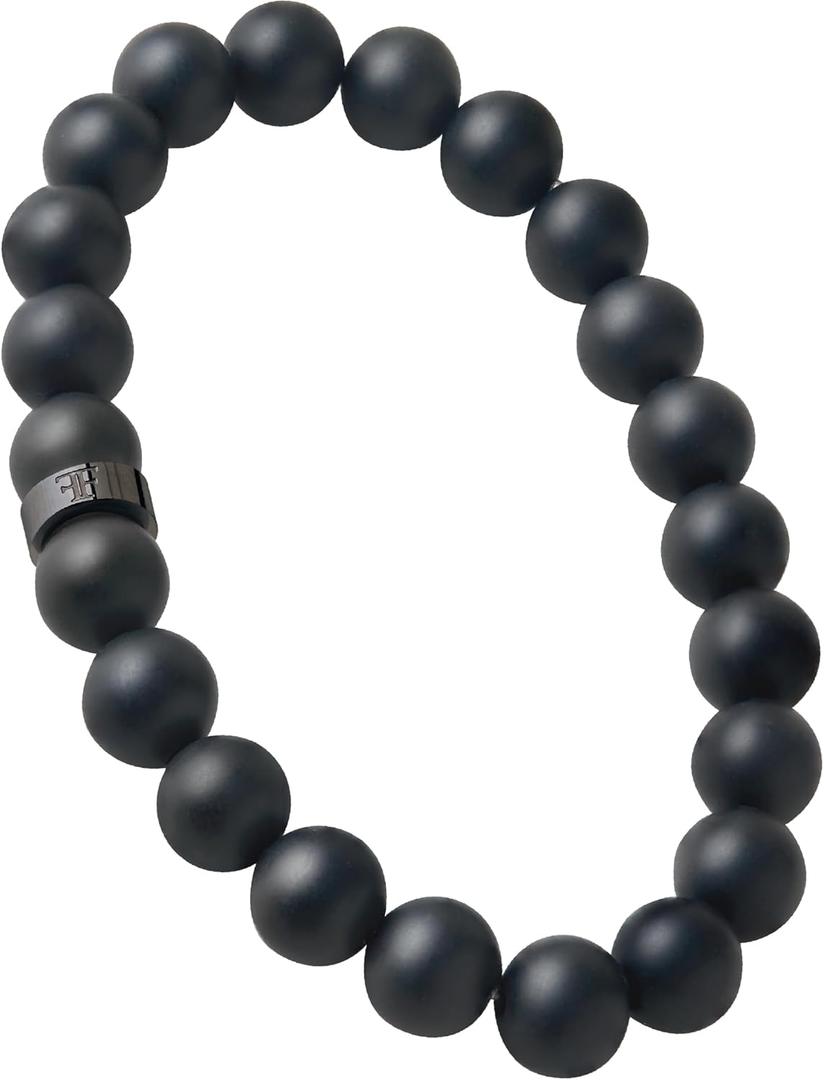 Forge & Foundry Mens Matte Black Solid Onyx Beaded Bracelet | 10mm, 8mm, 6mm Bead Size Options | Signature Stainless Steel Engraved Bead | Andalus (Medium)