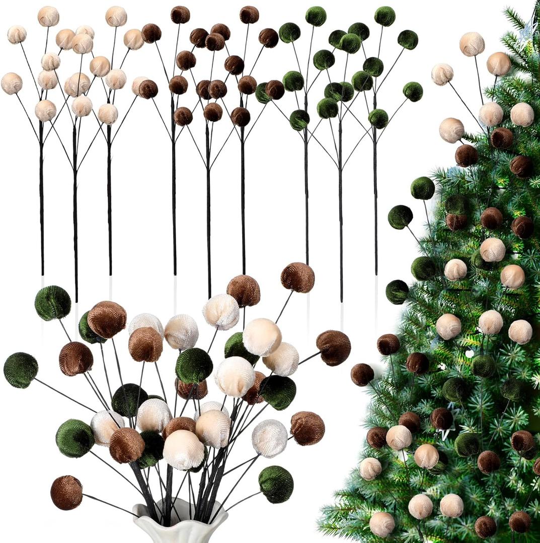 6 Pcs 14 Inch Christmas Tree Picks Velvet Christmas Ornaments Spheres Ball Pick Velvet Xmas Tree Branches Hanging Decoration Wreath Home Office Party Ornament (Brown, Green, Beige)