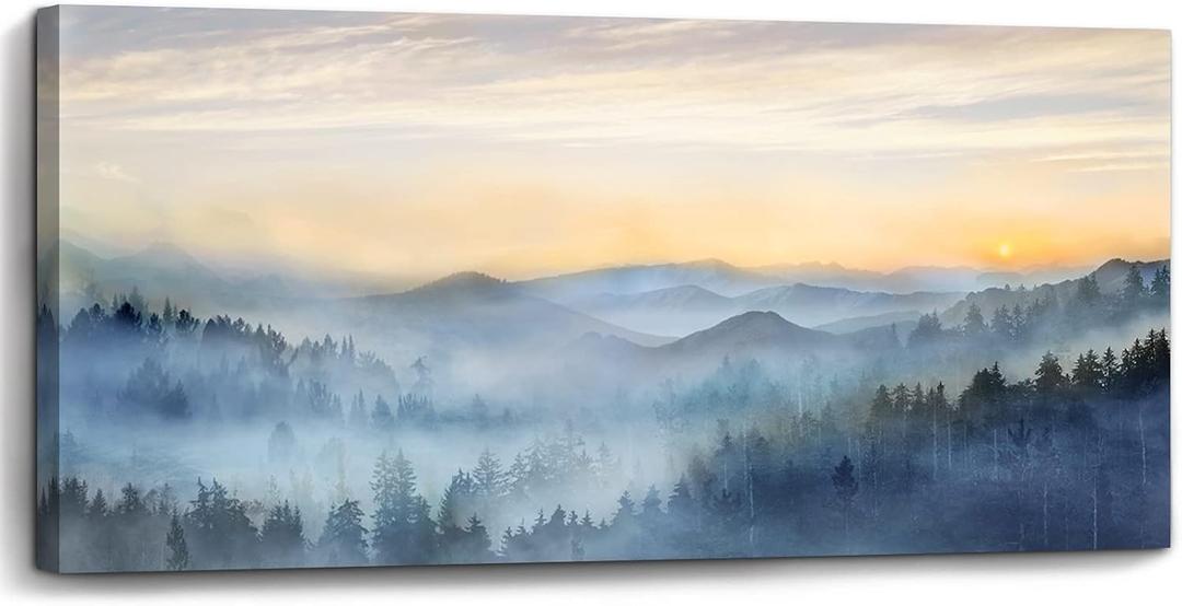 Wall Decor for Living Room Sunrise Misty Forest Print Picture Paintings Wall Art for Bedroom Bathroom Framed Large Canvas Artwork Modern Room Wall Decorations Size 60x30 inches Ready to Hang (Blue)
