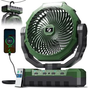 FRIZCOL 3-in-1 Camping Fan - Portable Fans Rechargeable - 48000mAh Battery Powered Fan with Light & Remote for Indoor, Outdoor, Tent, Travel, Fishing, Jobsite, Gifts for Men Dad Him - Green