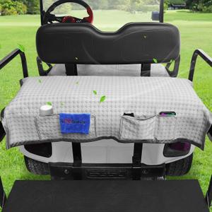 Golf Cart Rear Seat Cover, Universal Cooling Ice Silk Golf Cart Back Seat Blanket for EZGO Club Car Yamaha, Breathable Fabric with 4 Pockets and Safety Straps (48(L) x 28(W) in)