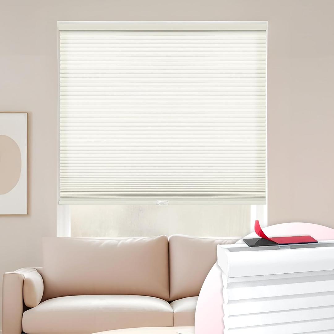 DEZ FURNISHINGS EZ Stick No Drill No Tools Cordless 1" Light Filtering Cellular Shade, 18" W x 72" H, Cream