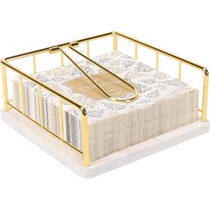 Livabber Flat Napkin Holder, Metal Kitchen Napkin Storage with Weighted Tension Arm Rustic Tissue Paper Dispenser for Countertop, Table Kitchen, Dining Room (With Marble Base, Gold)