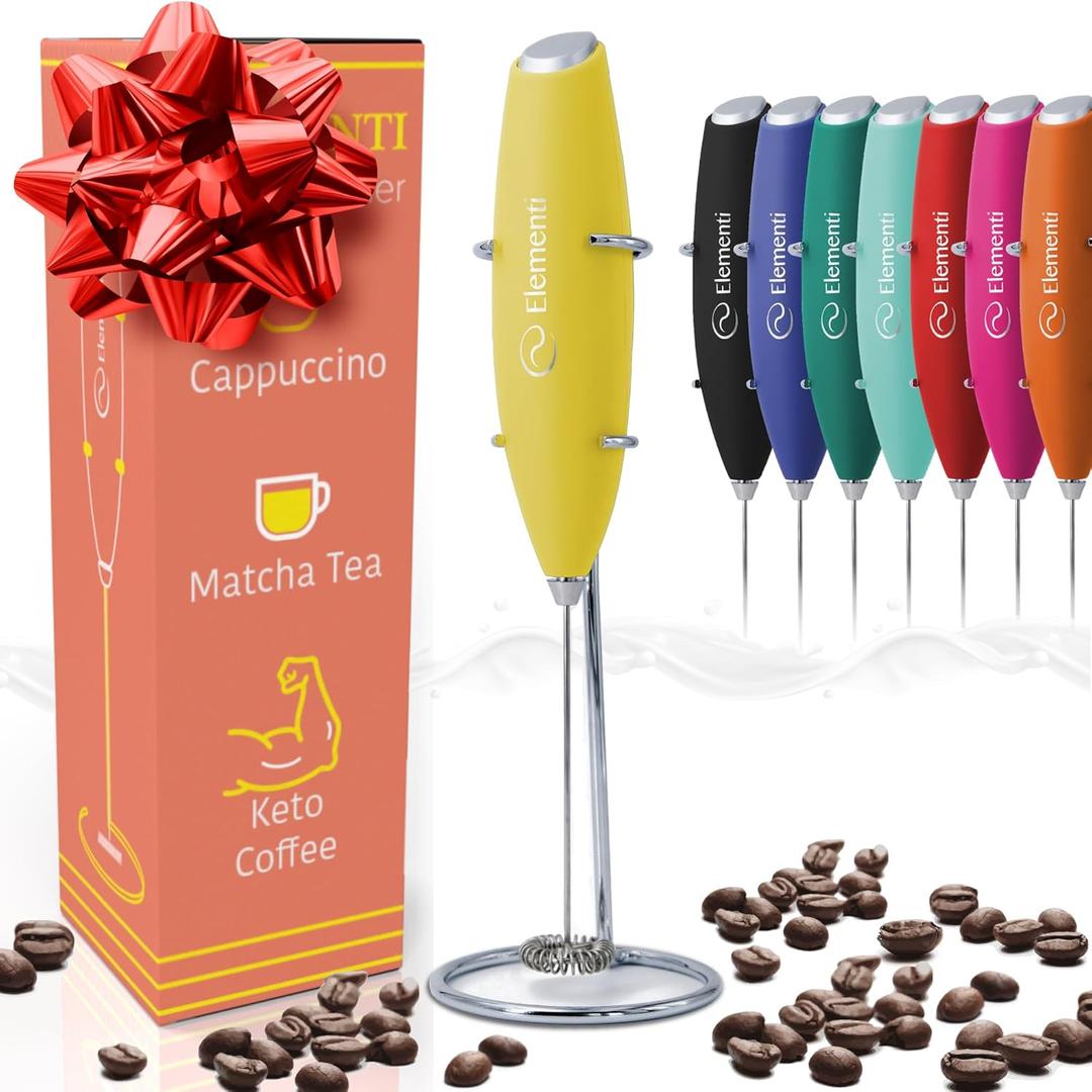 Elementi Milk Frother Handheld - Electric Coffee Mixer for Lattes, Cappuccinos and Cold Foam - Compact Drink Frother Wand for Barista-Style Beverages - Yellow