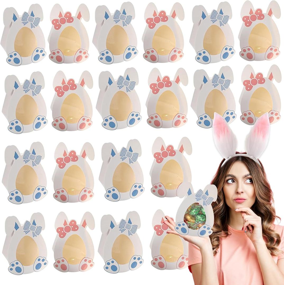 20 Pcs Easter Eggs Candy Treat Boxes Bunny Storage Holder Containers with Window Rabbit Cookie Goodies Boxes Cardboard Dessert Present Boxes for Chocolate Snack Cases Spring Easter Party Supplies