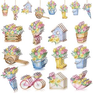 Maitys 36 Pcs Spring Flower Wooden Ornaments Sunflower Tulip Easter Tree Decoration Floral Gnome Hanging Wood Cutout Pastel Spring Decor for Home Small Tree Party(Tulip)