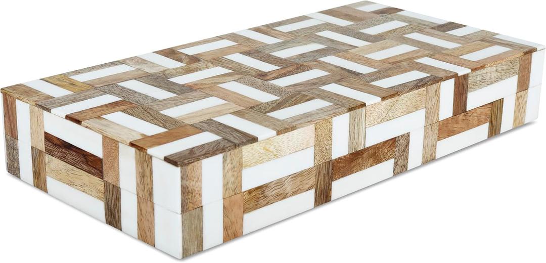 Handicrafts Home White Decorative Box with Lid Marquet Resin Inlay & Wood Decorative Boxes for Home Decor, Decor, Storage Box for Jewellery & Keys White Brown Neutral Decorative Storage Box- 12x6x2