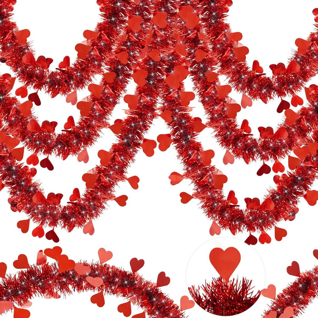 50FT Valentine's Day Decorations,Red Valentines Heart Garland Valentines Day Tinsel Garland Twist Metallic for Home Room Mantel Stairs Door Outdoor Indoor Wedding Valentine's Day Decor