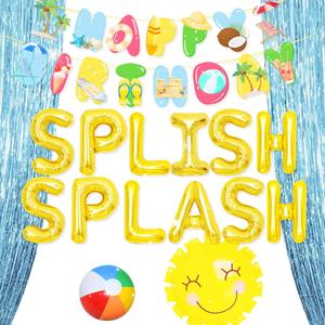 JeVenis Splish Splash Birthday Decorations Balloons Pool Birthday Party Banner Summer Pool Party for Boys Summer Beach Party Hawaiian Luau Tropical Party Decorations (Golden)