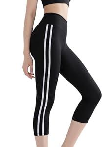 Women's Stripes 3/ 4 Tight High Waist Yoga Leggings - Premium Soft Workout Stretch Pants (US, Alpha, Medium, Regular, Regular, Black)