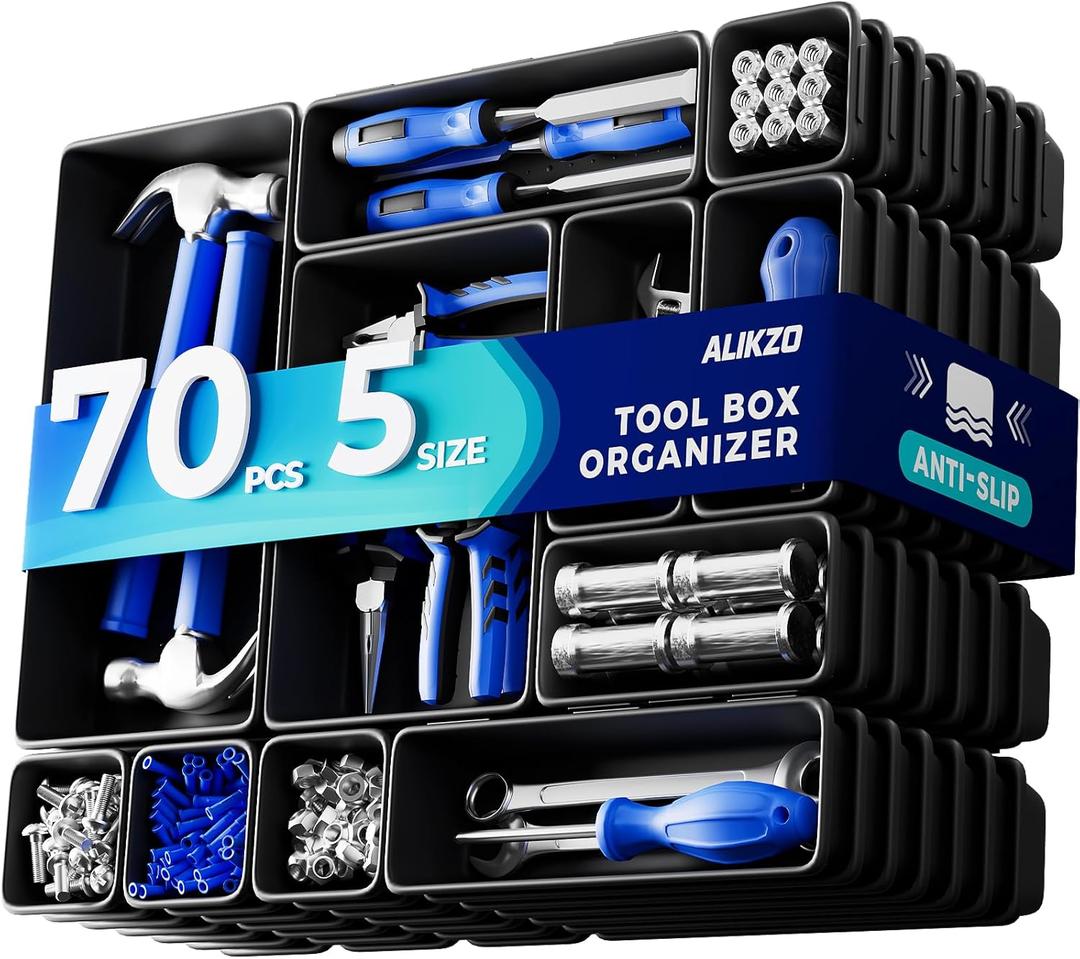 70 PCS Tool Box Organizer Tray & Desk Drawer Organizer Set, 5 Size Interlocking Bins for Garage Tool Storage, Mechanic Tool Chest, Rolling Cart, Workbench Drawers with EVA Non Slip Pads