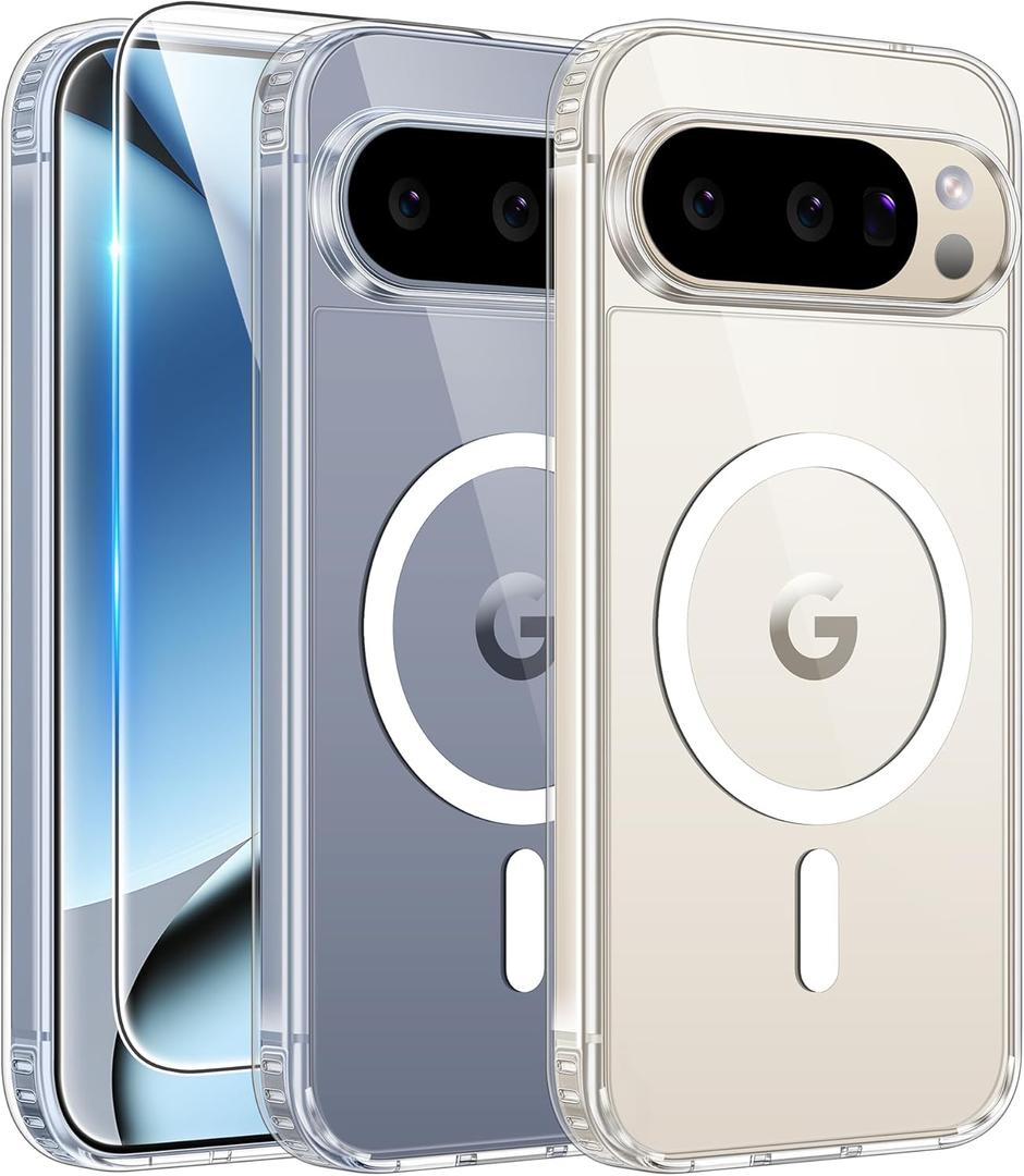 FNTCASE for Google Pixel-10-Pro XL Case: Clear Pixel 9 Pro XL Phone Cases Magnetic with Screen Protector Transparent Slim Cell Cover Anti Yellowing Rugged Shockproof Protective (Clear)