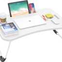 BUYIFY Folding Lap Desk, 23 Inch Portable Wood White Laptop Bed Desk Lap Desk with Cup Holder, for Working Reading Writing, Eating, Watching Movies for Bed Sofa Couch Floor