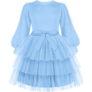 Arshiner Toddler Dress Little Girls Tutu Fall Winter Puff Long Sleeve Princess Party Tulle Dresses (Blue)