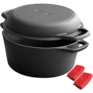 EDGING CASTING 2in1 PreSeasoned Cast Iron Dutch Oven Pot with Skillet Lid Cooking Pan, Cast Iron Skillet Cookware Pan Set with Dual Handles, Indoor Outdoor for Bread/Frying/Baking/Camping/BBQ, 5 Qt