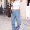 SANTINY Wide Leg Pants Woman Elastic High Waisted Waffle Knit Slacks Business Casual Work Pants Pleated Trousers with Pockets (Blue, L)