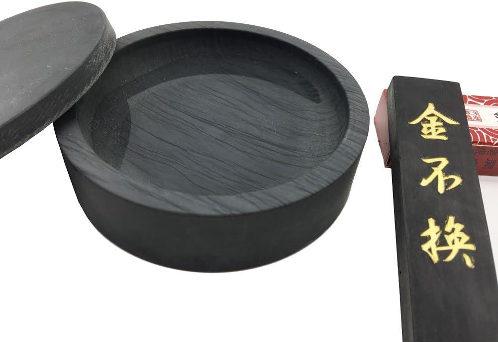 Easyou Ink Stone for Chinese Calligraphy Natural Stone Wavy with Cover 4"+ Ink Stick 1pc 