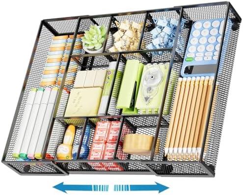 Marbrasse Expandable Desk Drawer Organizer, Mesh Drawer Organizer Tray with 10 Adjustable Compartments, Desk Organizers and Accessories, 5 Dividers Drawer for Office Supplies, Makeup & Vanity (Black)