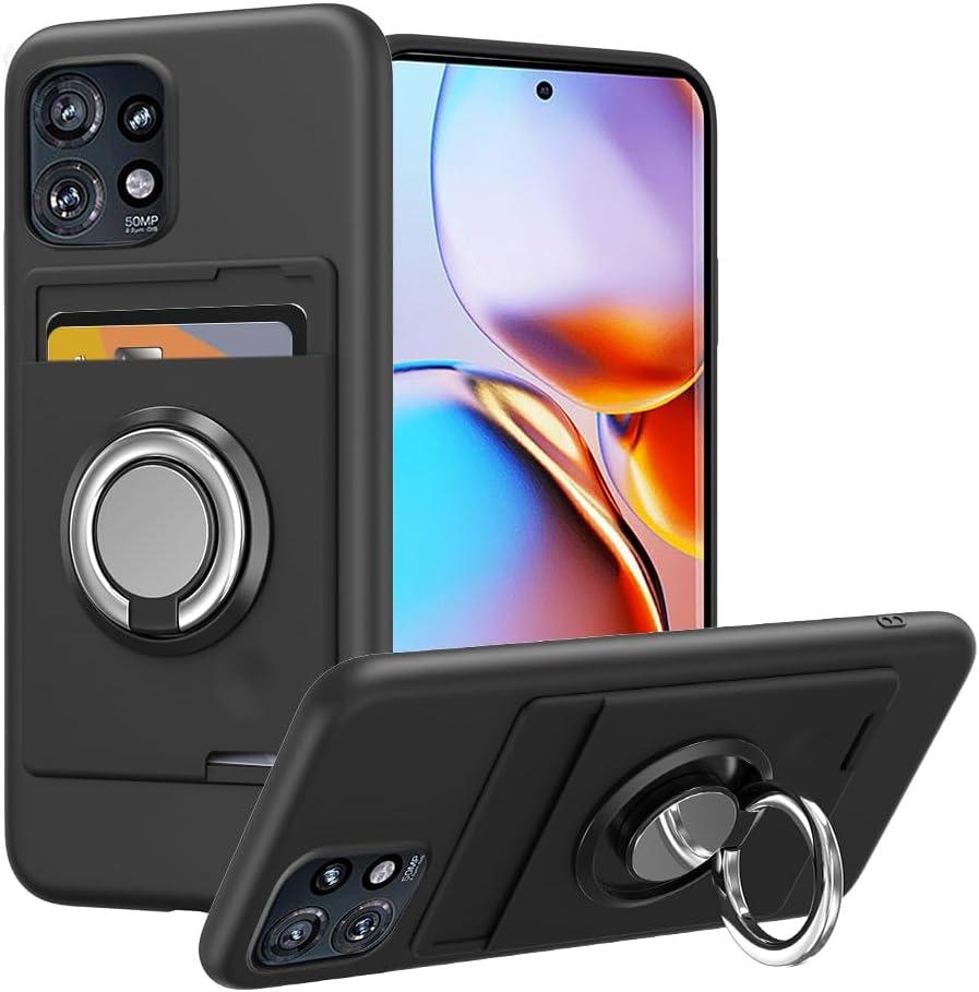 for Motorola Moto Edge Plus 2023/Motorola Edge+ 5G UW 2023/Edge 40 Pro/Edge X40 Phone Case with 360 Rotatable Ring Holder Stand and Card Holder case for Moto Edge Plus 2023 Cover - Black
