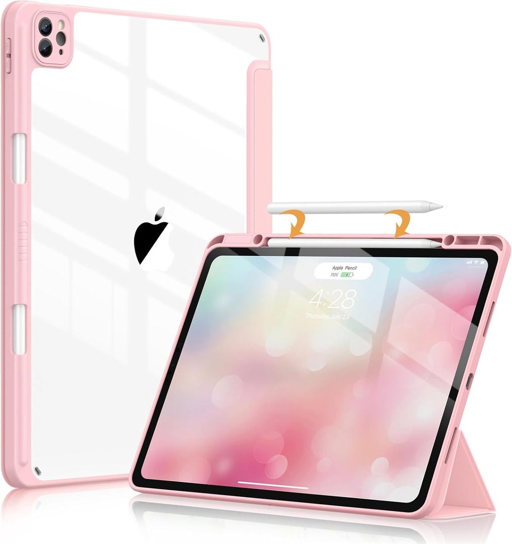 Soke Case for iPad Pro 12.9 Inch (6th/5th/4th/3rd Generation, 2022/2021/2020/2018) - Pencil Holder + Auto Sleep/Wake + Camera Protection, Transparent Shockproof Back Cover, Pink